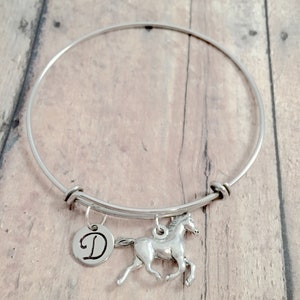 Horse initial bangle - horse jewelry, equestrian jewelry, horse riding jewelry, horse bangle, equestrian bangle, horse gift, riding gift