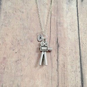 Movie camera initial necklace - movie camera jewelry, film jewelry, movie jewelry, movie camera necklace, film necklace, movie camera gift