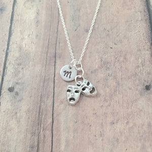 Drama mask initial necklace - drama mask jewelry, theater jewelry, comedy tragedy jewelry, theatre necklace, drama mask necklace, actor gift