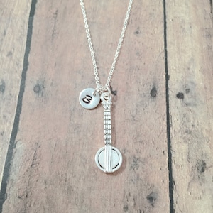Banjo initial necklace - banjo jewelry, folk music jewelry, music instrument jewelry, banjo necklace, music jewelry, banjo gift, music gift