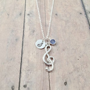 Treble clef initial necklace with birthstone treble clef jewelry, music jewelry, music teacher gift, treble clef necklace, music gift image 1