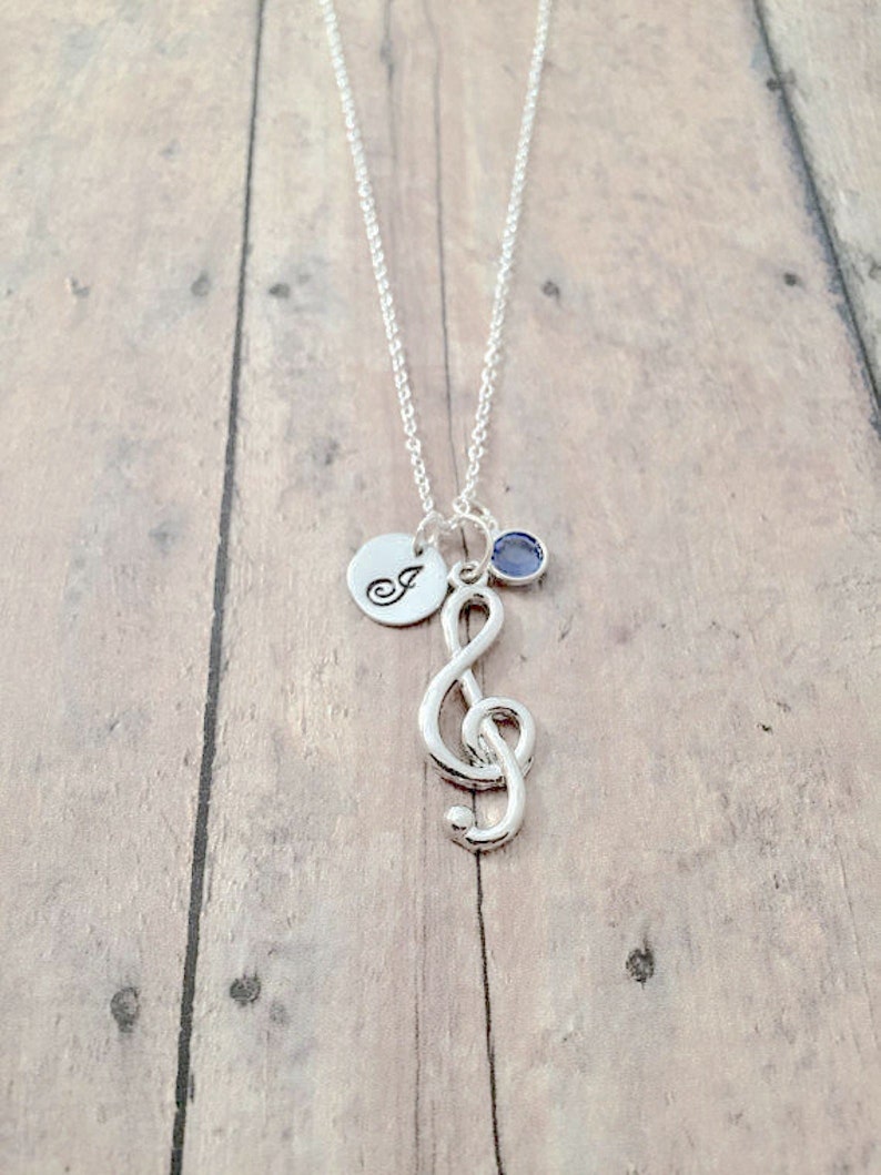 Treble clef initial necklace with birthstone treble clef jewelry, music jewelry, music teacher gift, treble clef necklace, music gift image 1