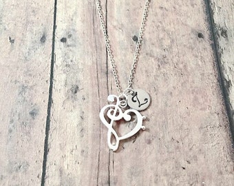 Treble clef & bass clef heart initial necklace - treble clef jewelry, music jewelry, music teacher gift, music necklace, silver treble clef