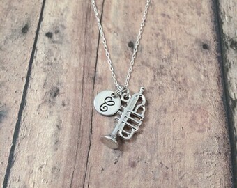 Trumpet initial necklace - trumpet jewelry, music necklace, band jewelry, instrument jewelry, gift for musician, silver trumpet pendant