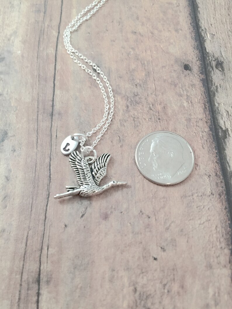 Crane initial necklace crane jewelry, heron jewelry, bird jewelry, crane necklace, heron necklace, crane gift, heron gift, bird necklace image 3