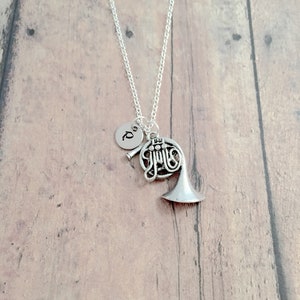 French horn initial necklace - french horn jewelry, instrument jewelry, orchestra jewelry, musician jewelry, french horn necklace, band gift