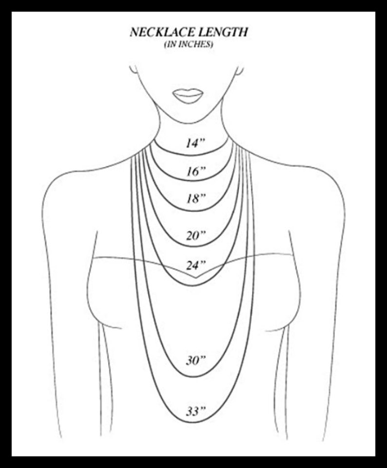 May include: A line drawing of a person's neck with different necklace lengths marked in inches, ranging from 14 inches to 33 inches.