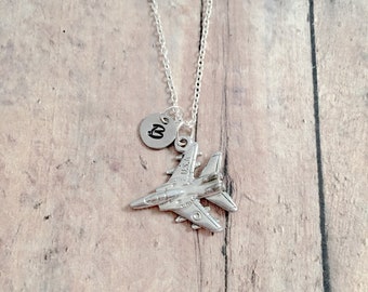 Fighter jet initial necklace - fighter plane jewelry, aviation jewelry, military jewelry, fighter jet necklace, fighter jet gift, plane gift