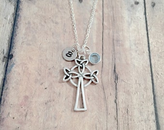 Celtic Cross Initial Necklace: Religious Necklace, Gaelic Jewelry