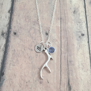 Antler initial necklace with birthstone - antler jewelry, deer jewelry, woodland jewelry, antler necklace, deer antler gift, antler pendant