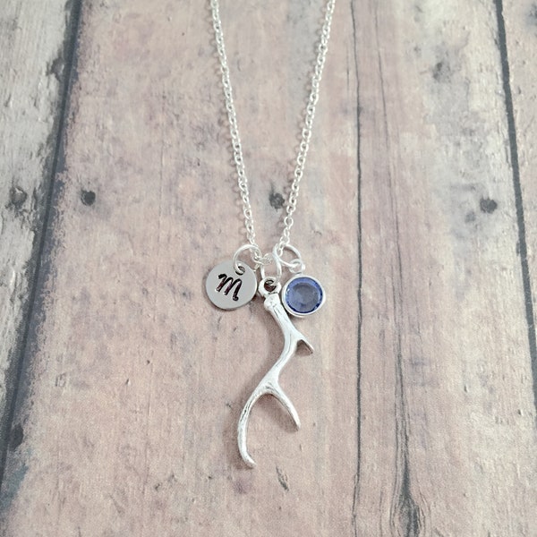 Antler initial necklace with birthstone - antler jewelry, deer jewelry, woodland jewelry, antler necklace, deer antler gift, antler pendant