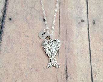 Angel Wings Initial Necklace: Memorial Jewelry, Religious Necklace