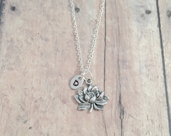 Lotus flower initial necklace - lotus flower jewelry, nature jewelry, sacred lotus necklace, lotus flower pendant, zen jewelry, lotus gift