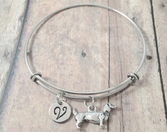 Dachshund initial bangle - dachshund jewelry, doxie jewelry, weenie dog jewelry, dachshund bangle, doxie bracelet, silver dachshund pendant