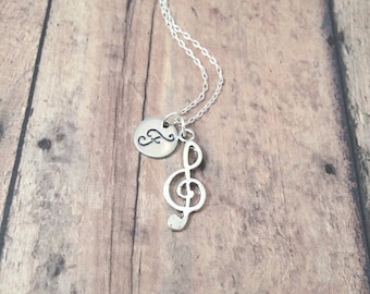 Treble clef initial necklace - treble clef jewelry, music necklace, band jewelry, gift for musician, music teacher gift, treble clef pendant