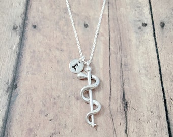 Rod of Asclepius initial necklace - Rod of Asclepius jewelry, medical jewelry, nurse jewelry, Staff of Asclepius necklace, nurse necklace