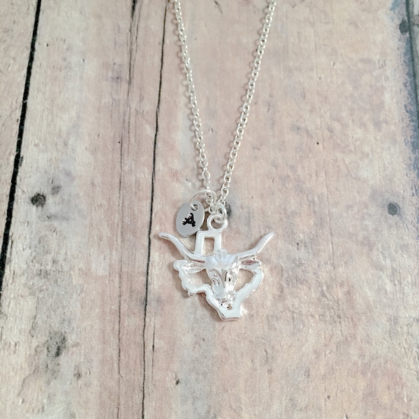 Texas initial necklace - longhorn jewelry, Texas jewelry, western jewelry, longhorn necklace, Texas necklace, Texas gift, longhorn gift