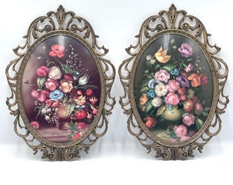 Vintage Italian Floral Wall Plaques Set, Ornate Gold Tone Frames, Oval Botanical Prints