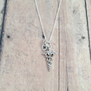 Caduceus initial necklace (sterling silver) - caduceus jewelry, medical jewelry, nurse jewelry, caduceus necklace, medical gift, nurse gift