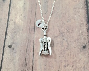 Wine Opener Initial Necklace: Corkscrew Pendant, Bartender Gift