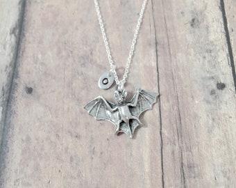 Bat initial necklace - bat jewelry, Halloween jewelry, Austin jewelry, flying bat pendant, Halloween necklace, bat necklace, bat gift