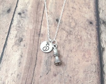 Chess piece initial necklace - chess jewelry, game jewelry, silver chess piece pendant, chess queen necklace, chess pawn jewelry