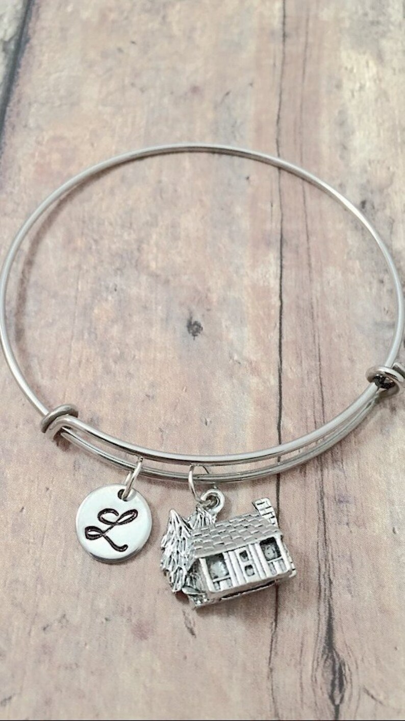 summer camp jewelry camping jewelry log cabin gift log cabin jewelry woodland jewelry Log cabin initial bangle log cabin bangle