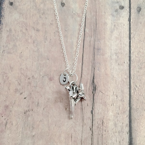 Iris initial necklace - iris jewelry, flower jewelry, garden jewelry, iris necklace, iris gift, spring jewelry, February jewelry