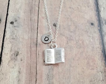 Book Initial Necklace: Teacher Jewelry, Librarian Necklace