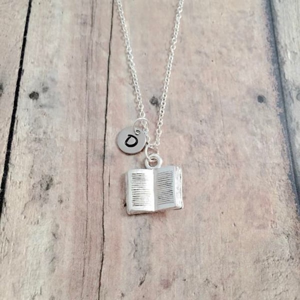 Book initial necklace - book jewelry, teacher jewelry, librarian jewelry, reading necklace, silver book pendant, book necklace, book pendant