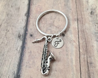 Saxophone initial key ring - saxophone key chain, music keychain, instrument key ring, musician key ring, sax player gift, saxophone pendant