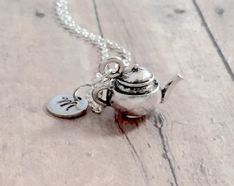 Teapot initial necklace - teapot jewelry, tea kettle jewelry, tea jewelry, teapot necklace, beverage jewelry, teapot pendant, teapot gift