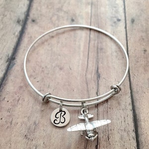 Piper cub initial bangle piper cub jewelry, airplane jewelry, pilot jewelry, propellor plane bracelet, piper cub gift, airplane bracelet image 3