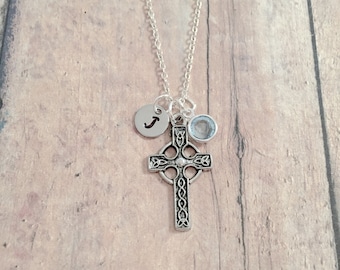 Celtic Cross Initial Necklace: Irish Jewelry, Religious Necklace