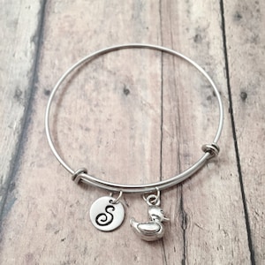 Rubber Ducky Initial Bangle: Pewter Duck Charm, Stainless Steel Bracelet
