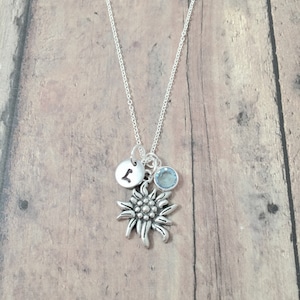 Edelweiss Necklace: Silver Flower Jewelry with Initial & Birthstone