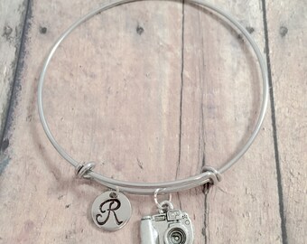 Camera Initial Bangle: Photographer Jewelry, Camera Pendant