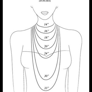 May include: A line drawing of a person's neck with different necklace lengths marked in inches, ranging from 14 inches to 33 inches.