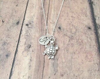 Turtle initial necklace - turtle jewelry, tortoise necklace, reptile jewelry, pet turtle necklace, terrapin necklace, silver turtle pendant