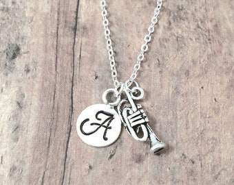 Trumpet initial necklace - trumpet jewelry, music jewelry, band jewelry, silver trumpet pendant, band necklace, music instrument jewelry