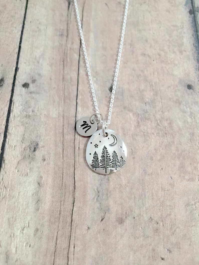 Pine Trees Initial Necklace sterling Silver Pine Trees | Etsy