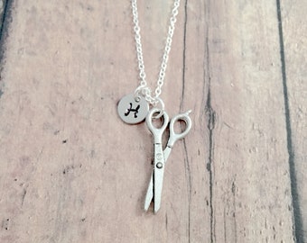 Scissors initial necklace - scissors jewelry, hairstylist jewelry, hairdresser jewelry, scissors necklace, hair stylist gift, scissors gift