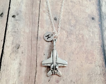 Fighter jet initial necklace - fighter jet jewelry, military jewelry, plane jewelry, fighter jet necklace, military necklace, jet gift