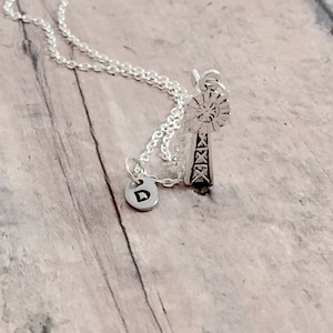 Farm windmill initial necklace - windmill jewelry, wind pump jewelry, farm jewelry, farm windmill necklace, farm necklace, windmill gift