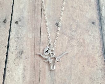 Longhorn steer initial necklace - longhorn jewelry, Texas jewelry, western jewelry, longhorn necklace, Texas gift, longhorn gift, steer gift