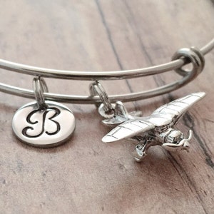 Piper cub initial bangle piper cub jewelry, airplane jewelry, pilot jewelry, propellor plane bracelet, piper cub gift, airplane bracelet image 1