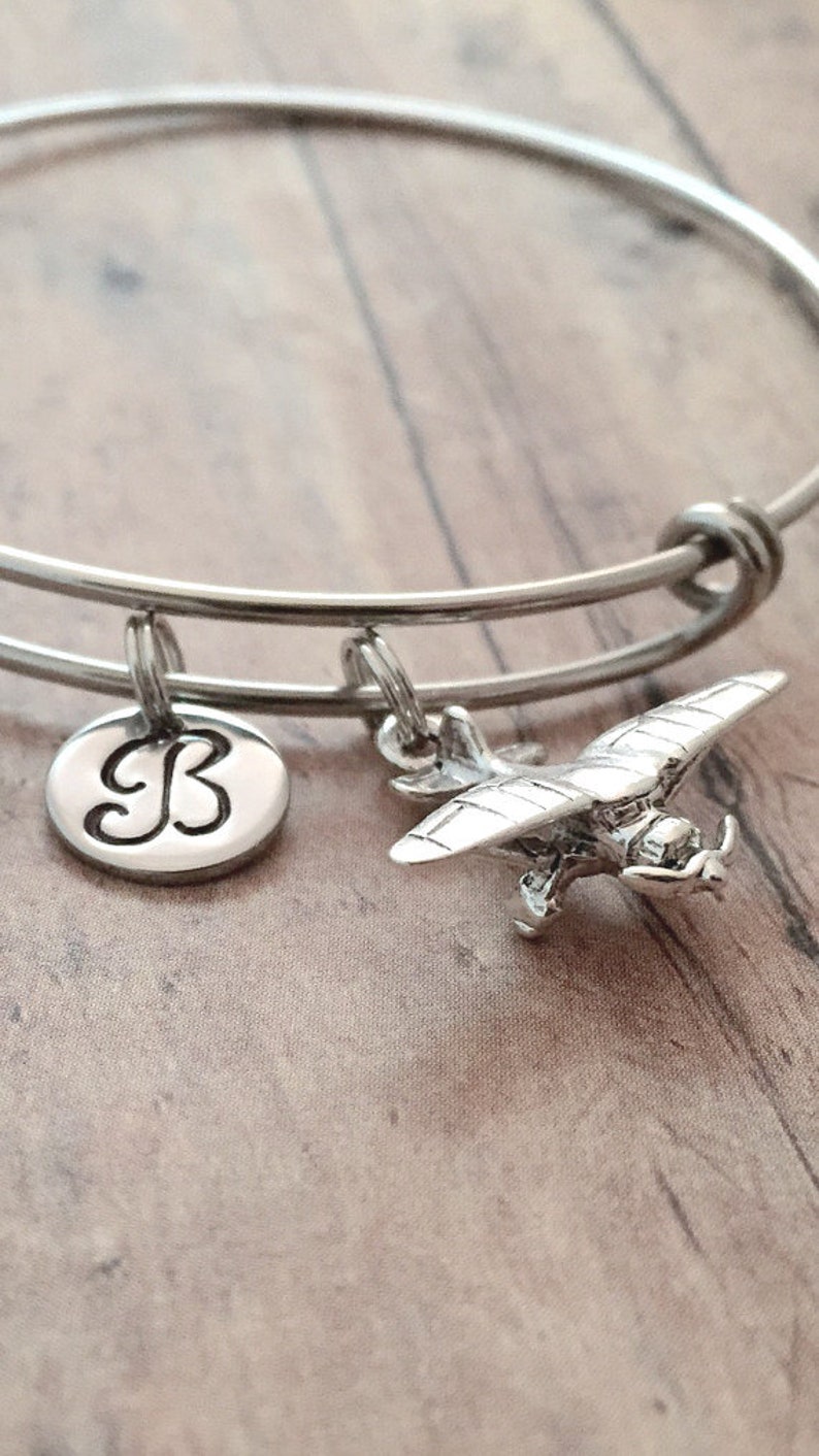 Piper cub initial bangle piper cub jewelry, airplane jewelry, pilot jewelry, propellor plane bracelet, piper cub gift, airplane bracelet image 1