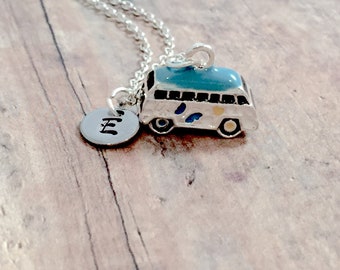 Hippie van initial necklace - hippie van jewelry, bus jewelry, peace jewelry, hippie necklace, peace necklace, bus necklace, hippie gift