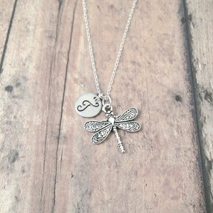 Dragonfly initial necklace - dragonfly jewelry, insect jewelry, damselfly jewelry, dragonfly necklace, dragonfly pendant, dragonfly gift