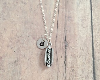 Hot dog initial necklace - hot dog jewelry, food jewelry, frankfurter jewelry, hot dog necklace, sausage necklace, hot dog gift, food gift